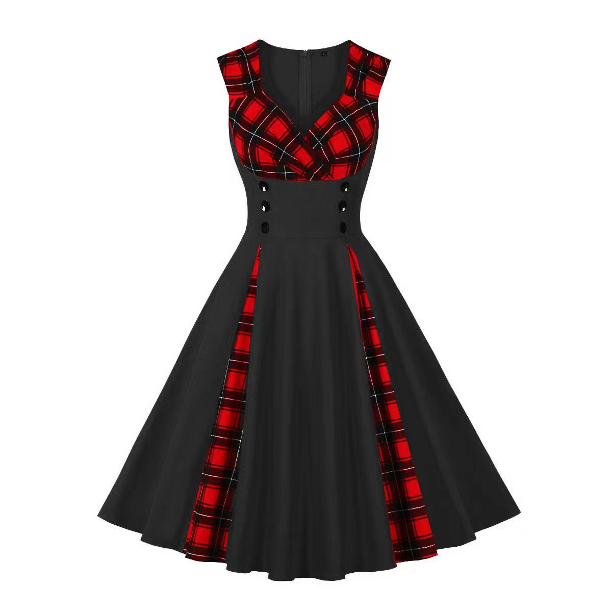 Women's Double Breasted Plaid Printed Sleeveless V-neck Retro Dress