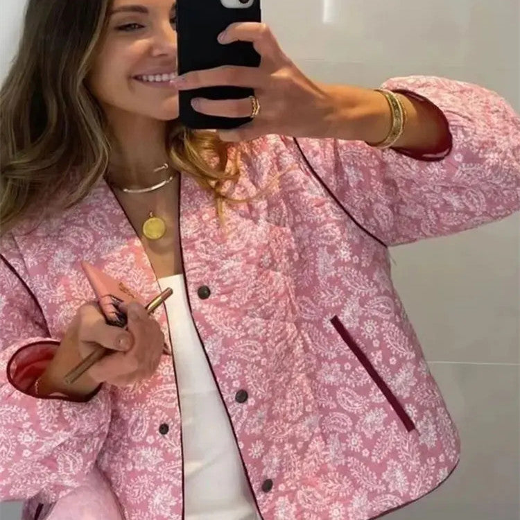 Chaqueta de abrigo de algodón con retales informal suelta y estampado con cuello en V a la moda para mujer