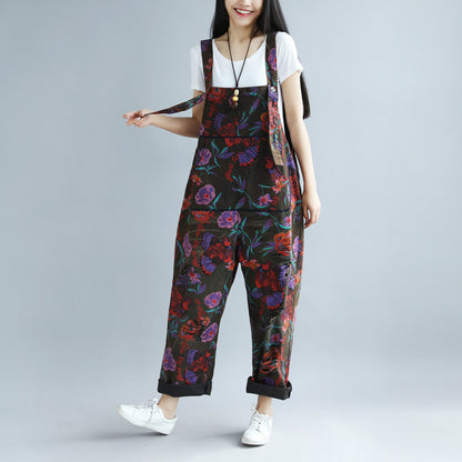 Print Distressed Big Crotch Ripped Pastoral Style Suspender Pants