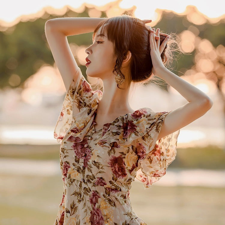 Printed Ruffles V-neck Ruffled Sleeve Dress