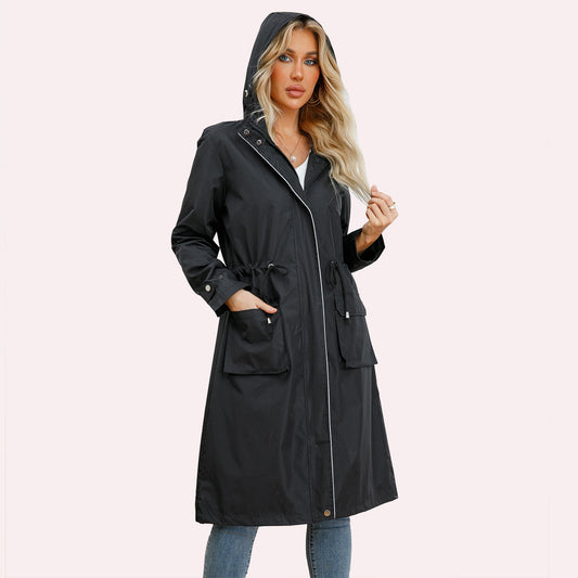 Long Casual Windbreaker Women's Waterproof Hooded Solid Color Top Striped Lining Straight Coat