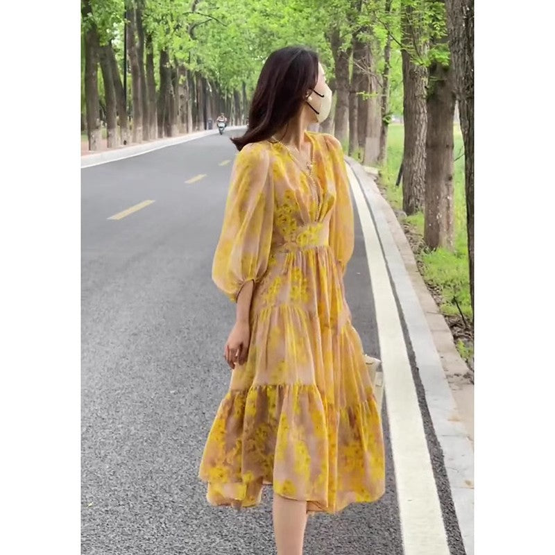 Robe à fleurs pour femmes françaises, été et automne