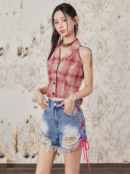 Retro Plaid Worn Vest Sleeveless