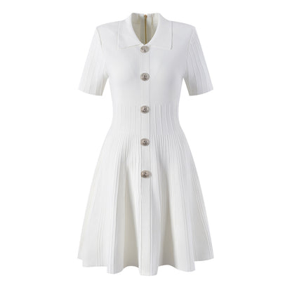 Robe tricotée en soie glacée pour femmes, col Polo, jupe trapèze à la taille