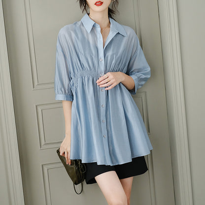 Summer New Chiffon Shirt Short-sleeved Commuter Blue Cardigan Solid Color Shirt Female Sun Protection Clothing