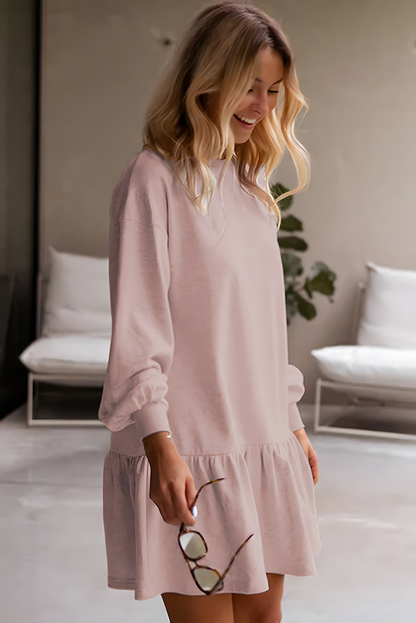 Dusty Pink Solid Color Puff Sleeve Ruffle Hem Mini Dress