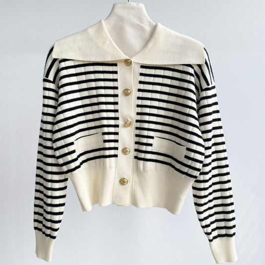 Polo Collar Stripes Cardigan Polo Collar Long Sleeve Knitted Coat