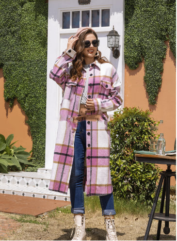 Plaid Woolen Shirt Jacket With Side Slit Lapel