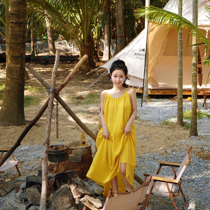 Robe à bretelles jaune super féerique pour séance photo de plage