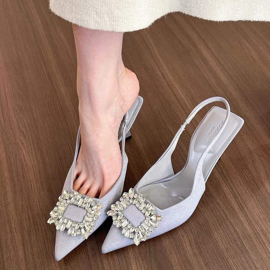 Pointed-toe Square Buckle Rhinestone High-heeled Sandals