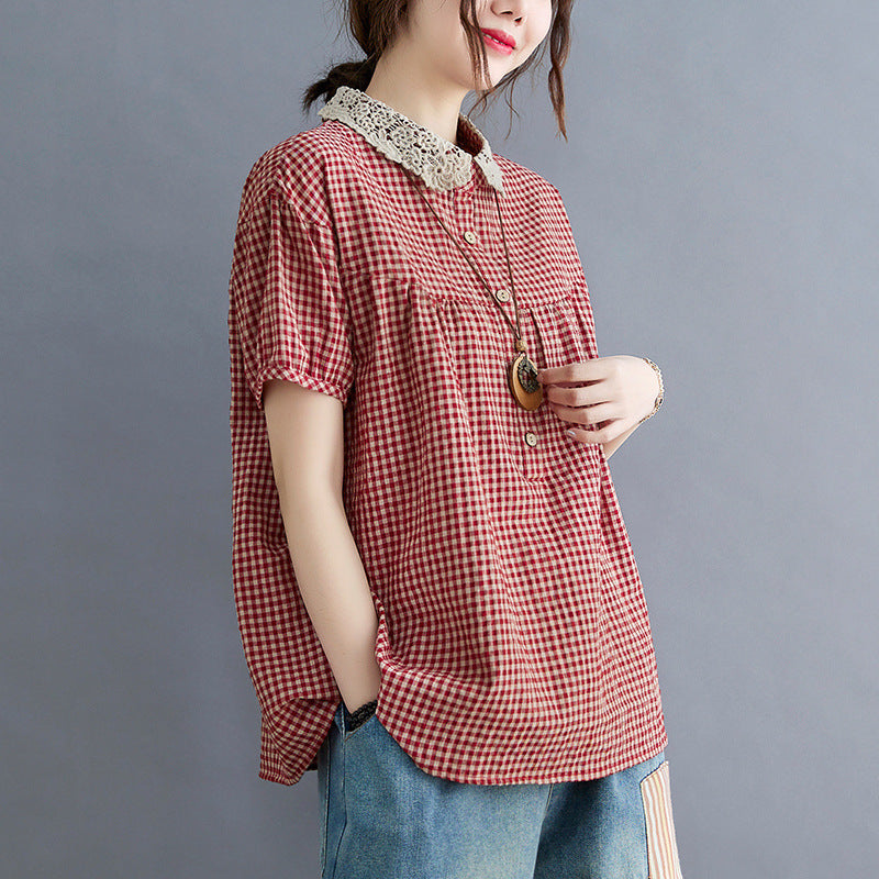 Ladies' Lace Lapel Cotton And Linen Plaid Shirt Short Sleeves