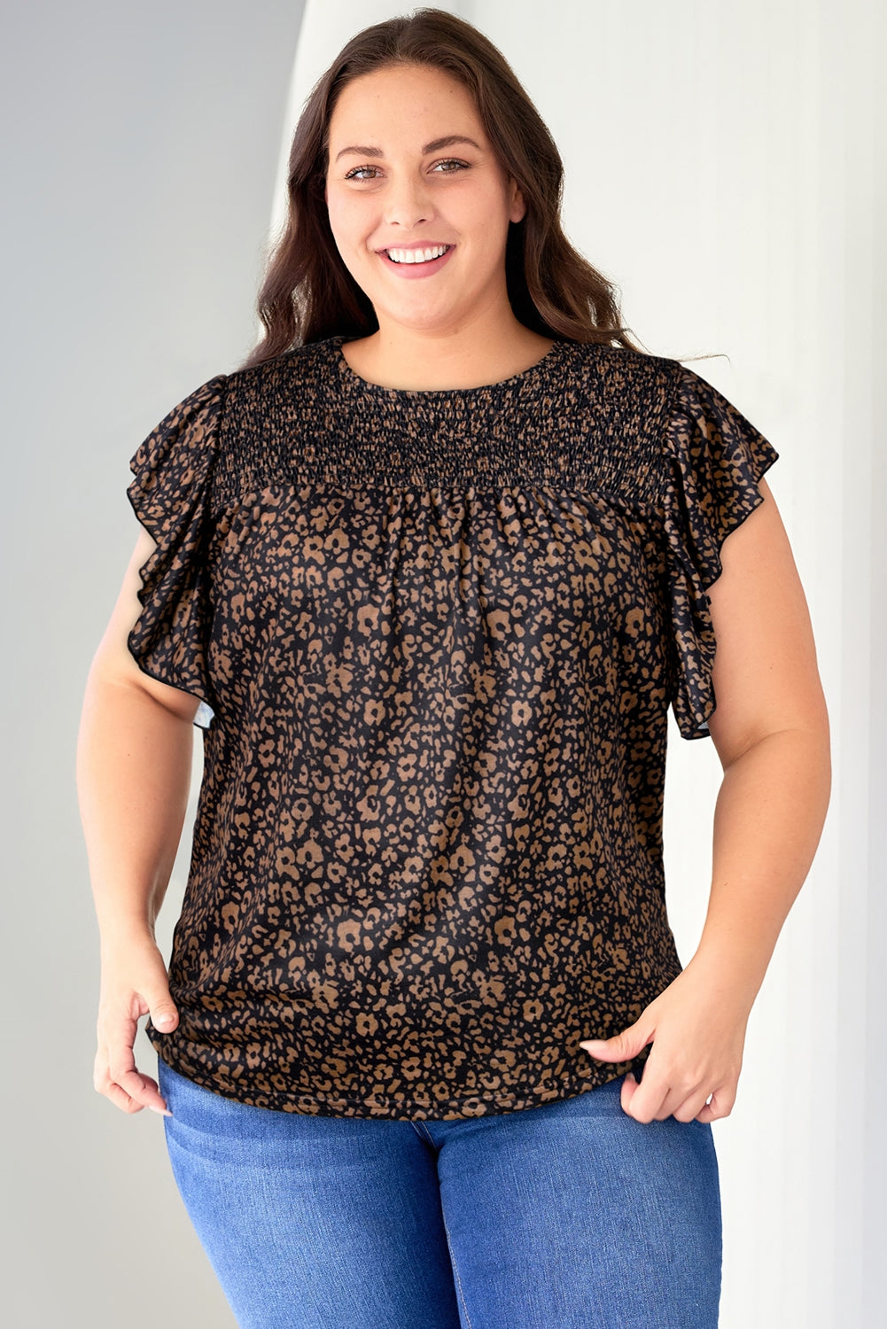 Blouse Smockée Imprimée à Manches Papillon de Grande Taille