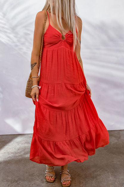 Red O-ring Smocked Back Spaghetti Straps Tiered Maxi Dress