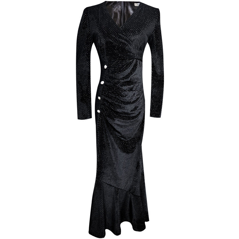 Long Sleeve Temperament Waist-controlled V-neck Mid-length Slim-fit Slimming Dress