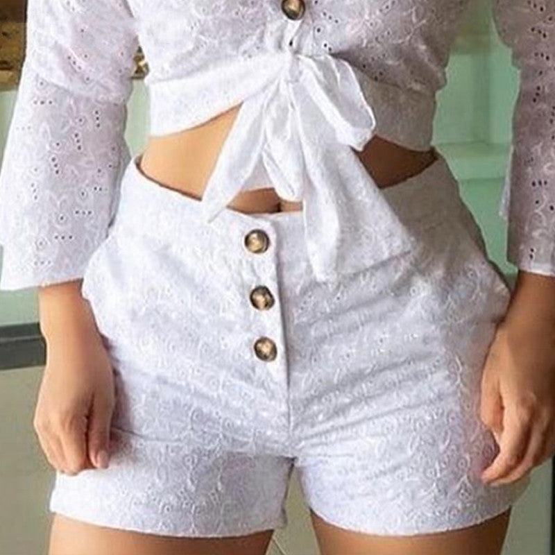 Flared Sleeve Button Tie Long Sleeve Top Shorts