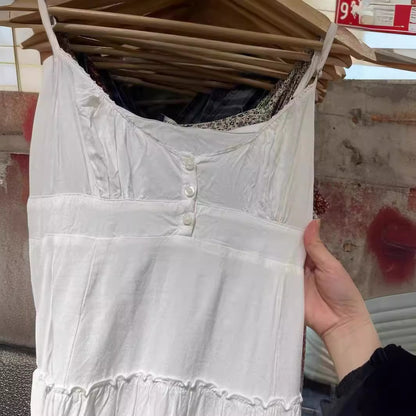 Vestido de tirantes finos de hada con cuello en V, blanco, ajustado, con tres botones y cintura ajustada