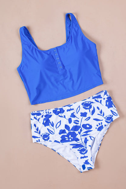 Maillot de bain tankini bleu sexy à col carré sans manches à imprimé floral