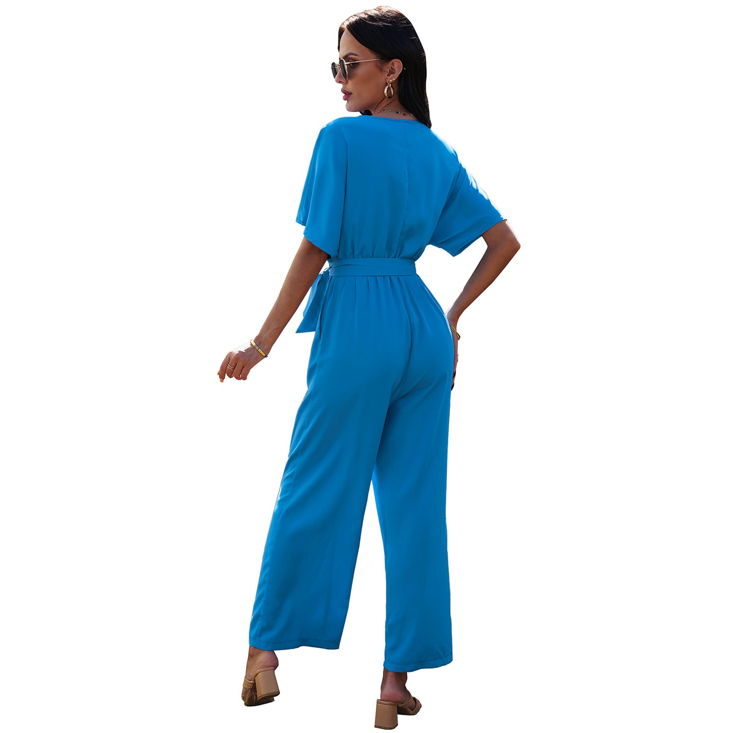 European And American V-neck Women's Tie Waist Solid Color Jumpsuit