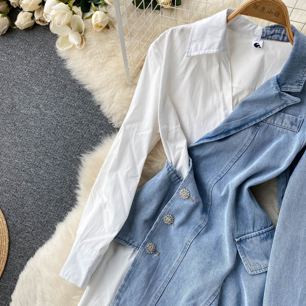 Irregular Long Sleeve Shirt Stitching Denim Dress