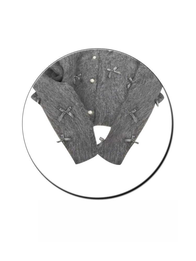 Gray Bow Sweater Women's Autumn And Winter Elegant Soft Glutinous Mohair Knitted Cardigan Chanel Coat