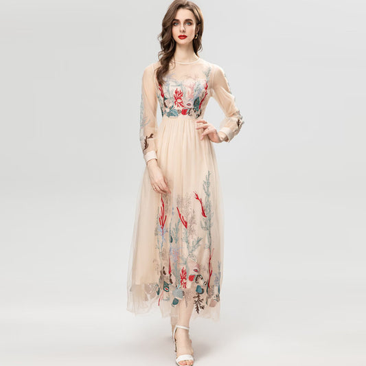 Exquisite Embroidery Floral See-through Apricot Dress Long Princess Style Dress