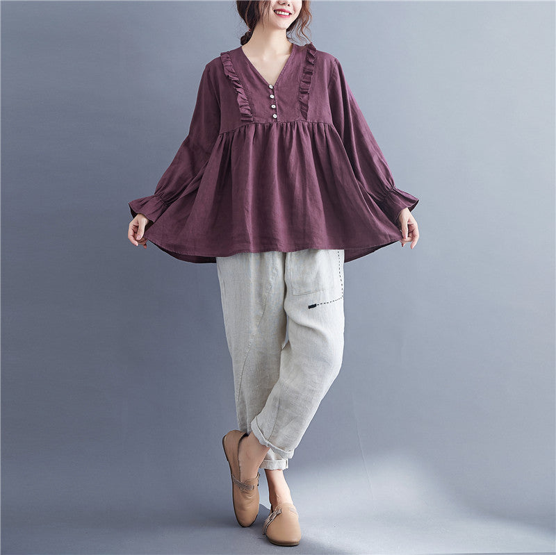 Women's Fat Mm Long-sleeved Loose Baby Shirt Shirt Ruffled Age Slimming Shirt