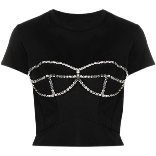 Short-sleeved T-shirt With Rhinestone Design