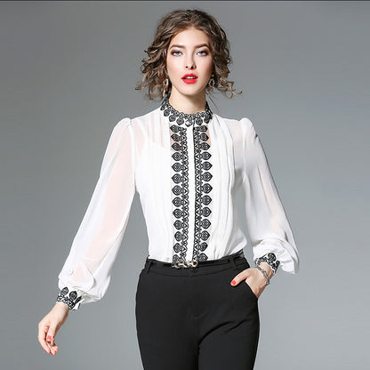 Slim Fit And Slim Heavy Embroidery Blouse With Suspenders