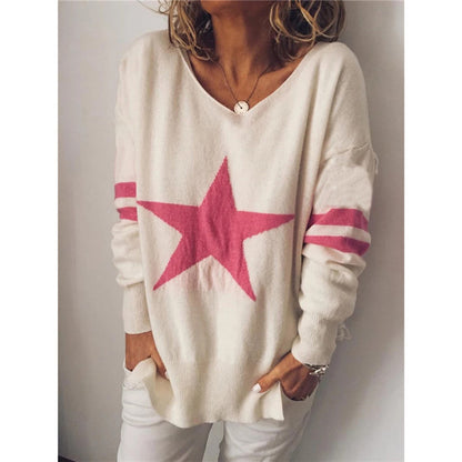 Jersey de punto europeo y americano con estrella de cinco puntas, chaqueta dividida de manga larga con cuello en V, ropa de invierno