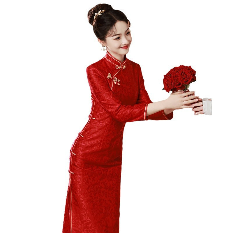 Vestido de novia rojo compuesto de tres Cheongsam largo y ajustado para reunión anual