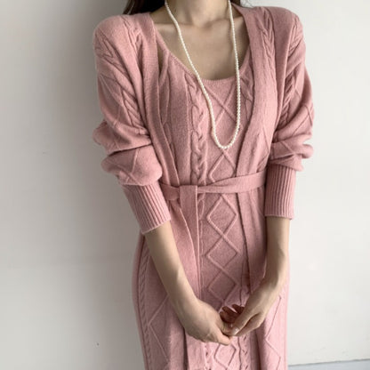 Linen Pattern Cardigan Sweater, Knitted Suspender Dress Inside