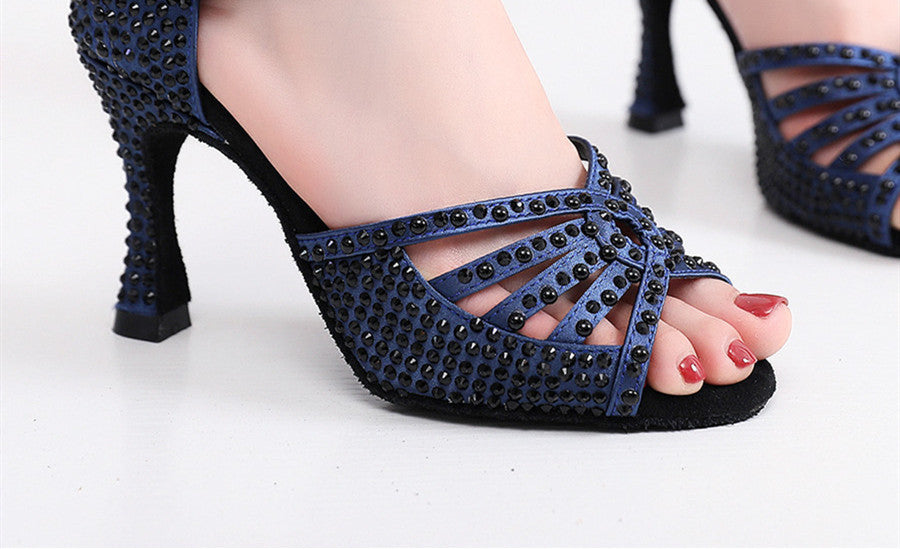 Zapatos de baile latino para mujer con diamantes de imitación en color azul oscuro