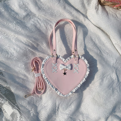 Bolso de hombro portátil cruzado de encaje con forma de corazón lindo con nudo de corazón cruzado