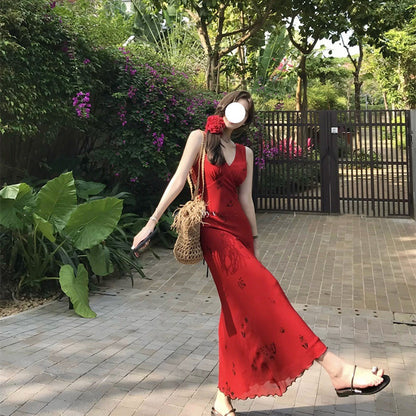 Women's Summer Waist Red V-neck Sling Dress