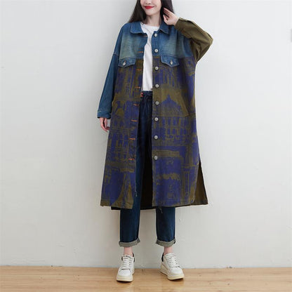 Trench-Coat en Denim Épissé de Grande Taille