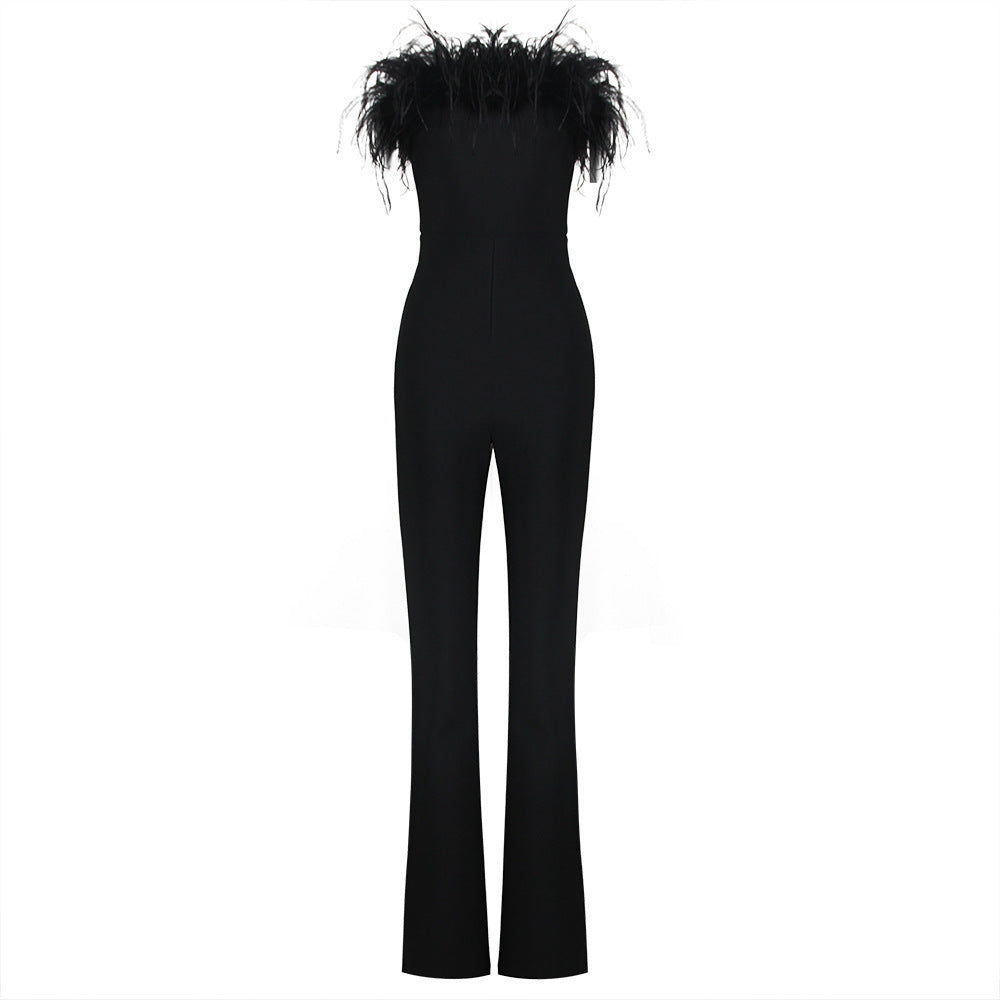 European And American Sexy Tube Top Feather Bandage Jumpsuit