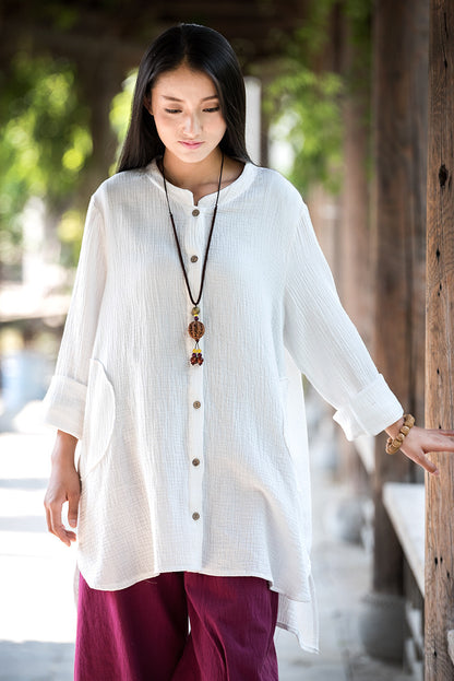 Spring And Summer Cotton And Linen Women's Retro Double-layer Shirt