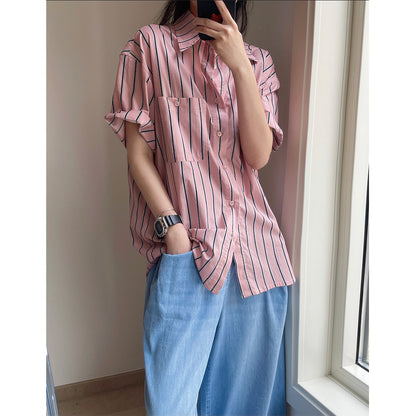 New Literary Retro Lapel Striped Short-sleeved Shirt Loose And Thin