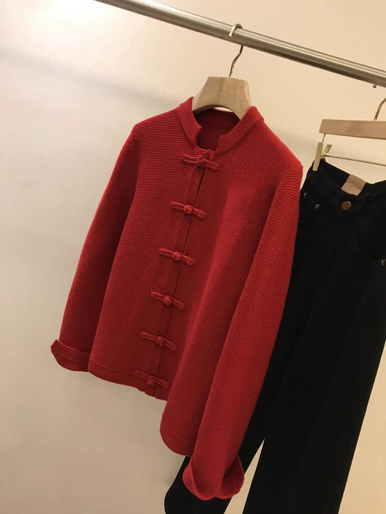 Chinese Red New Chinese Style Buckle Knitted Cardigan Sweater For Women