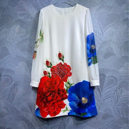 Round Neck Floral-print Beaded Long Sleeve Dress