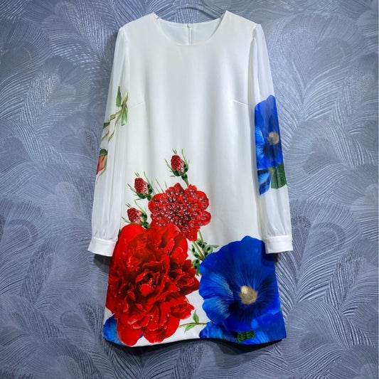 Round Neck Floral-print Beaded Long Sleeve Dress