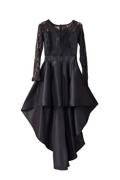 Black Long Sleeve Lace High Low Satin Prom Dress