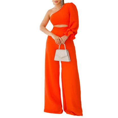 Women's Fashionable Temperament Diagonal Collar Petal Sleeve Casual Loose Wide Leg Jumpsuit