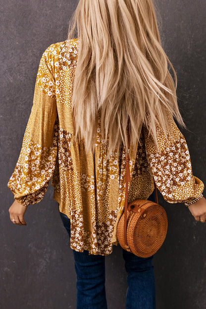 Patchwork Tassel Balloon Sleeve Blouse