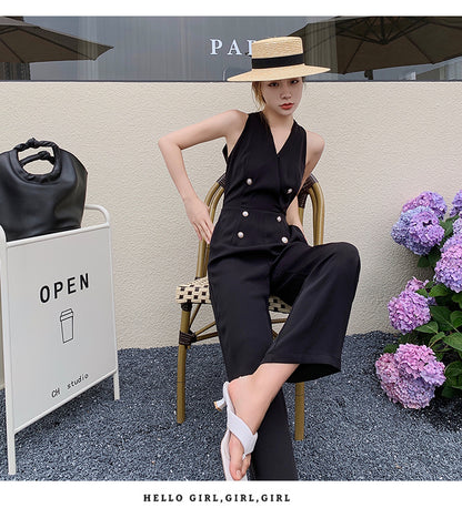 Temperament High-waisted Draped Black Neck Jumpsuit