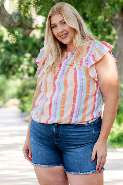 Blusa de manga acampanada con cuello redondo y rayas de talla grande