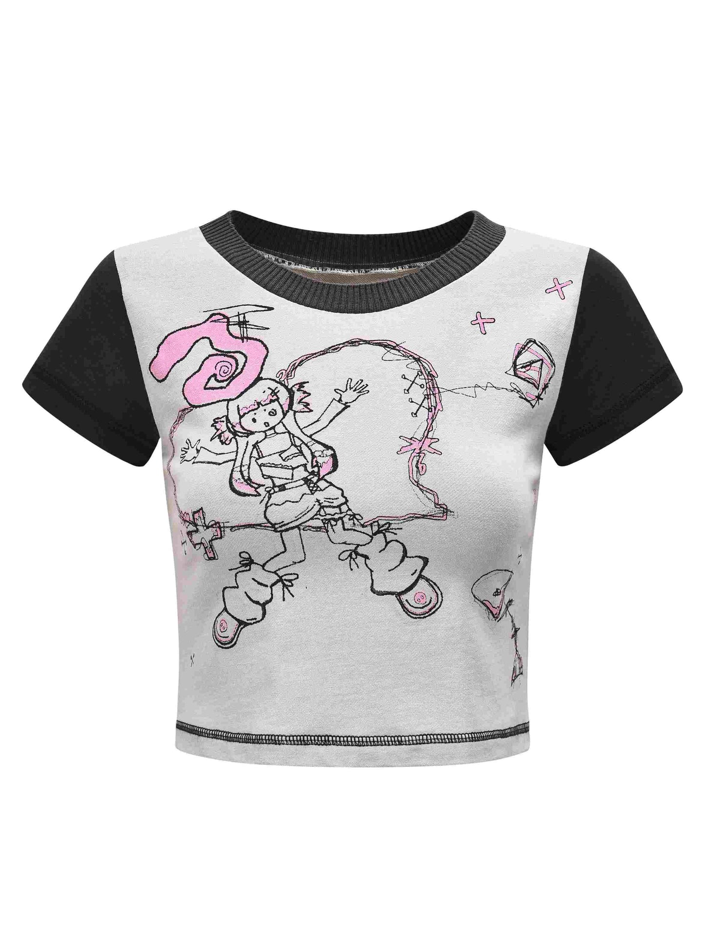 SassyLove Camiseta corta gris claro con estampado de niña pintada a mano