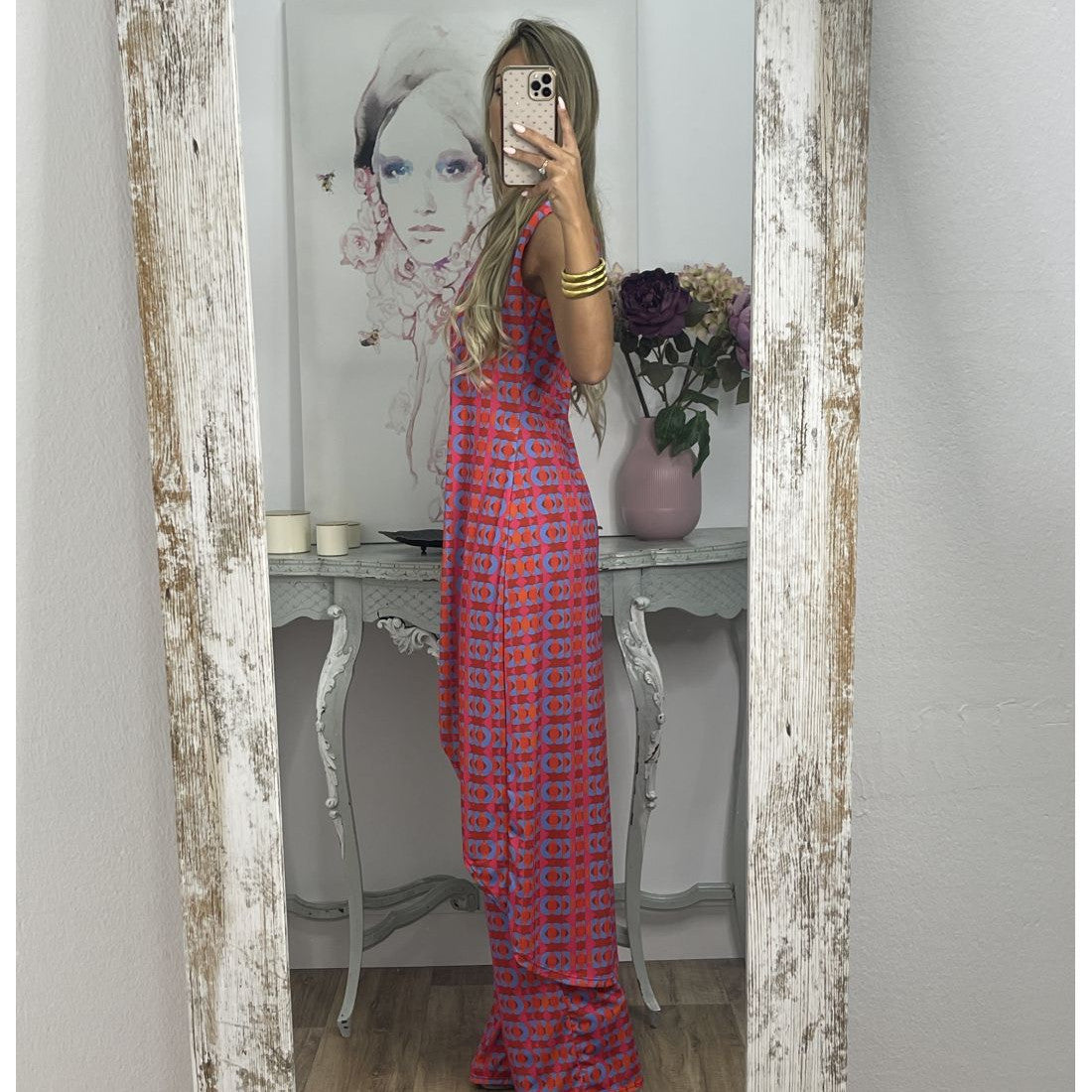 Printed Round Neck Sleeveless Trousers Suit