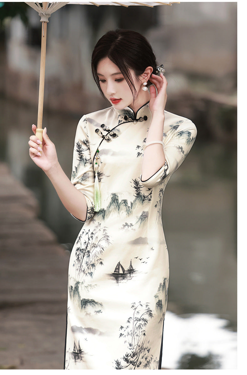 Women's Graceful And Fashionable Half Sleeve Ink Painting Dress