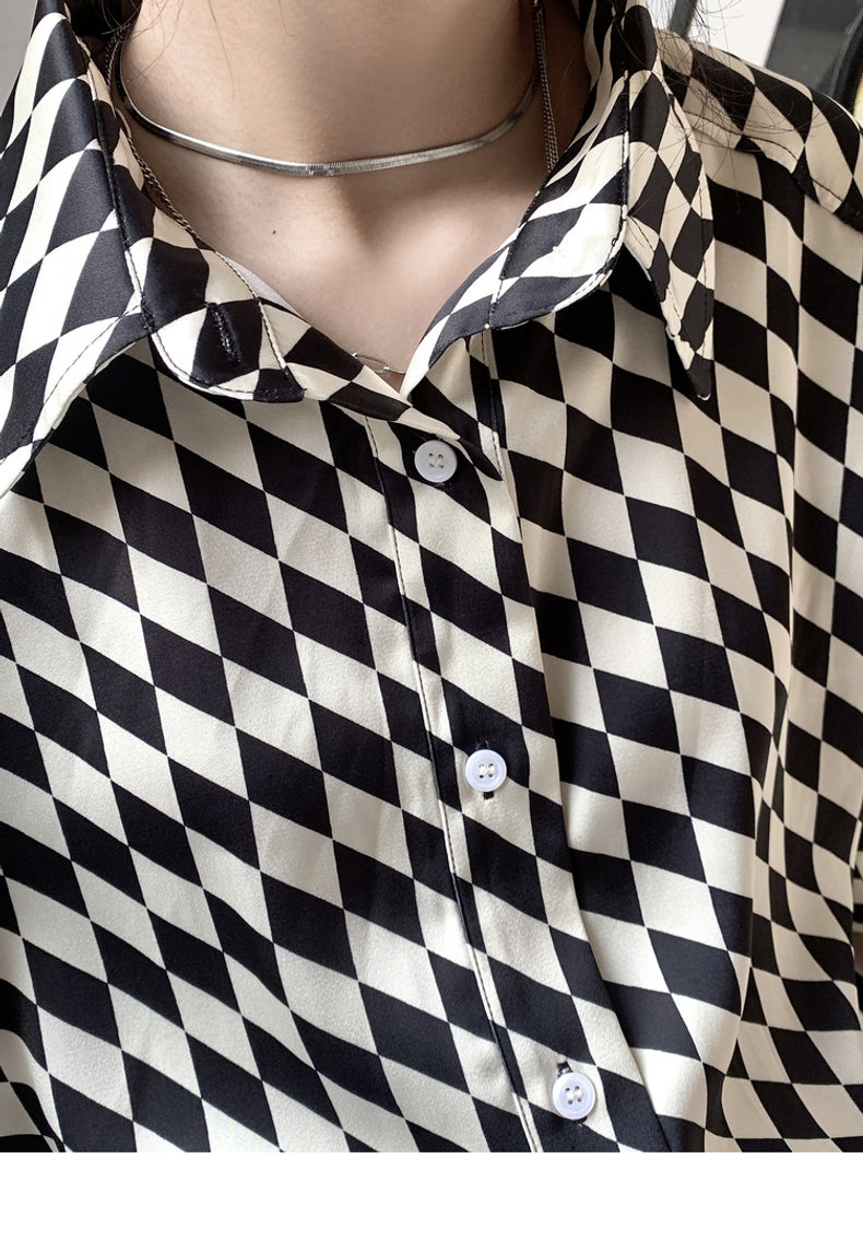 Black And White Checkerboard Shirt Short-sleeved Women's Thin POLO Collar Loose Ins Small Shirt